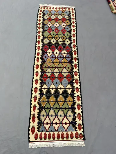 Vintage Afghan Kilim Runner 2 x 7 ft Handwoven Maimana Flat Weave Rug One of a Kind Tribal Geometric Wool Hall