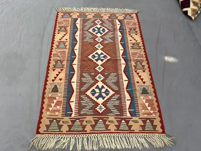 Afghan 4 x 6 ft vintage handwoven flat weave kilim one-of-a-kind tribal geometric sumak design, small area dec