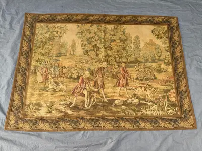 3'11x5'6 Afghan Handmade Pictorial Tapestry Vintage Wall Decor Rug, Hunting Scene, One of a Kind, Handwoven Wo