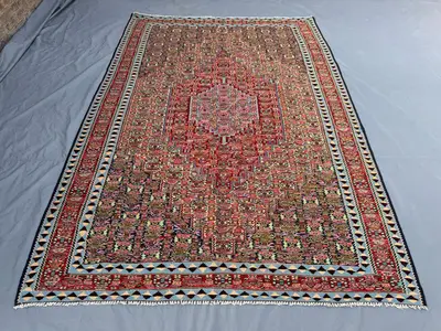 Vintage Turkish Kilim – Handwoven Flat Weave Wool Carpet 7 x 10 ft One-of-a-Kind Caucasian Design Large Area R
