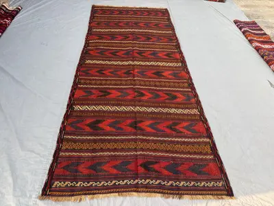 Afghan Hand-Woven Vintage Rug Soft Pile Maimana Design 5 x 11 ft One-of-a-Kind Large Area Rug for Home Boho De