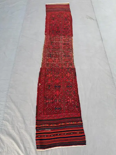 Afghan Hand-Woven Vintage Kilim Runner Flat-Weave Sumak Design 2 x 9 ft One-of-a-Kind Boho Home Decor