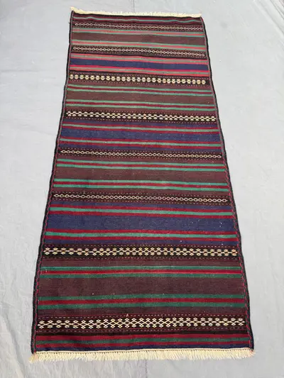3 x 7 ft Afghan Hand Woven Vintage Flat Weave Kilim | One-of-a-Kind Home Boho Decor Rug | Sumak Design