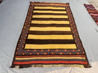 6 x 9 ft Afghan Hand Woven Vintage Flat Weave Kilim – One of a Kind Large Area Decor Rug with Maimana Design