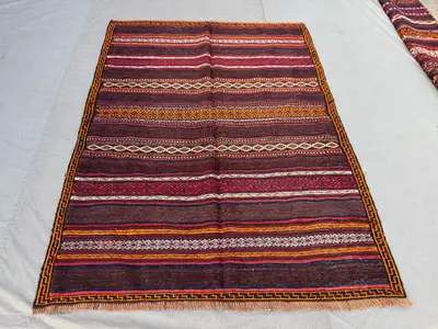 5 x 7 ft Afghan Hand Woven Vintage Flat Weave Kilim - One of a Kind Home Boho Decor Rug with Sumak Design