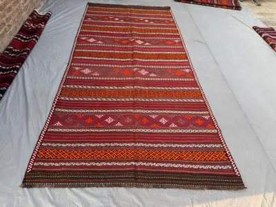 Afghan Hand-Woven Vintage Kilim Flat-Weave Sumak Design 6 x 12 ft One-of-a-Kind Large Area Rug for Boho Home D