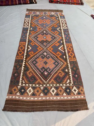 Afghan Hand Woven Kilim 5 x 11 ft Vintage Flat Weave One of a Kind Wide Runner Rug Terracotta Faded Maimana De