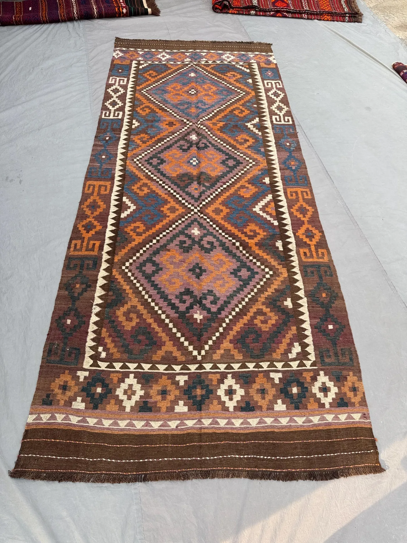 Afghan Hand Woven Kilim 5 x 11 ft Vintage Flat Weave One of a Kind Wide Runner Rug Terracotta Faded Maimana Design