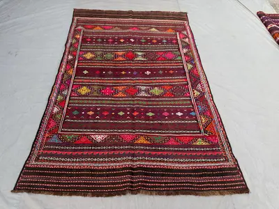 Afghan Hand Woven Kilim 5 x 8 ft Vintage Flat Weave One of a Kind Large Area Home Boho Decor Rug Sumak Design