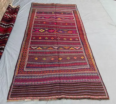 Afghan Hand-Woven Vintage Rug Soft Pile Large Area Rug Sumak Design 5 x 9 ft One-of-a-Kind Boho Luxury Home De