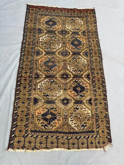 Afghan Hand-Knotted Vintage Rug Low Pile Distressed Turkish-Inspired Caucasian Design 3 x 6 ft One-of-a-Kind L