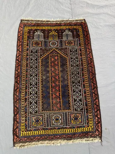 Afghan Hand-Knotted Vintage Rug Soft Pile Balochi Design 3 x 4 ft One-of-a-Kind Small Area Rug Boho Home Decor