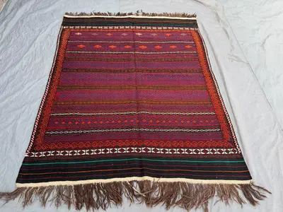 Red 5'8 x 6'11 ft Afghan Handwoven Kilim Flat Weave Rug, Vintage Tribal Geometric Design, Boho Home Decor, One