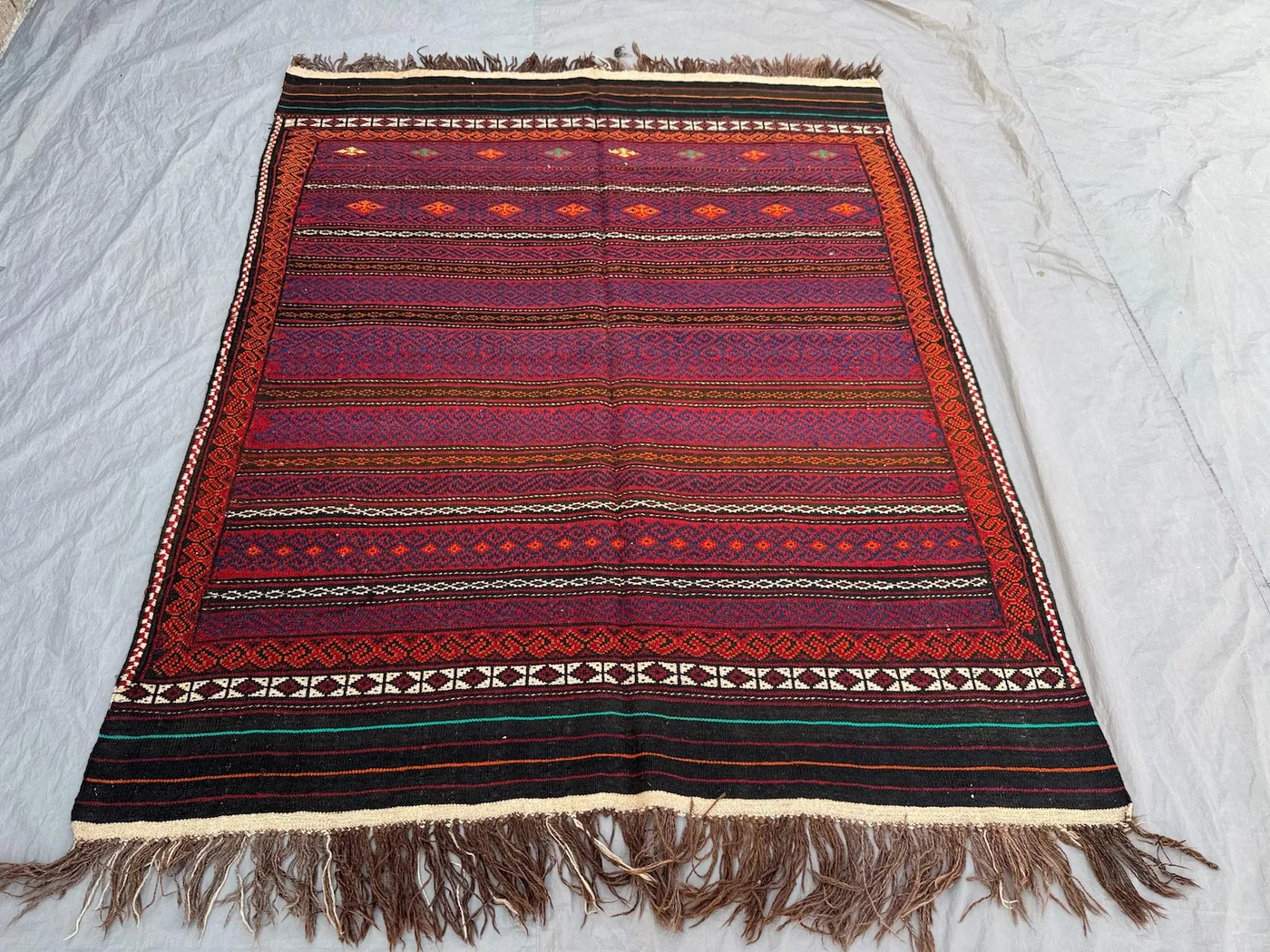 Red 5'8 x 6'11 ft Afghan Handwoven Kilim Flat Weave Rug, Vintage Tribal Geometric Design, Boho Home Decor, One of a Kind