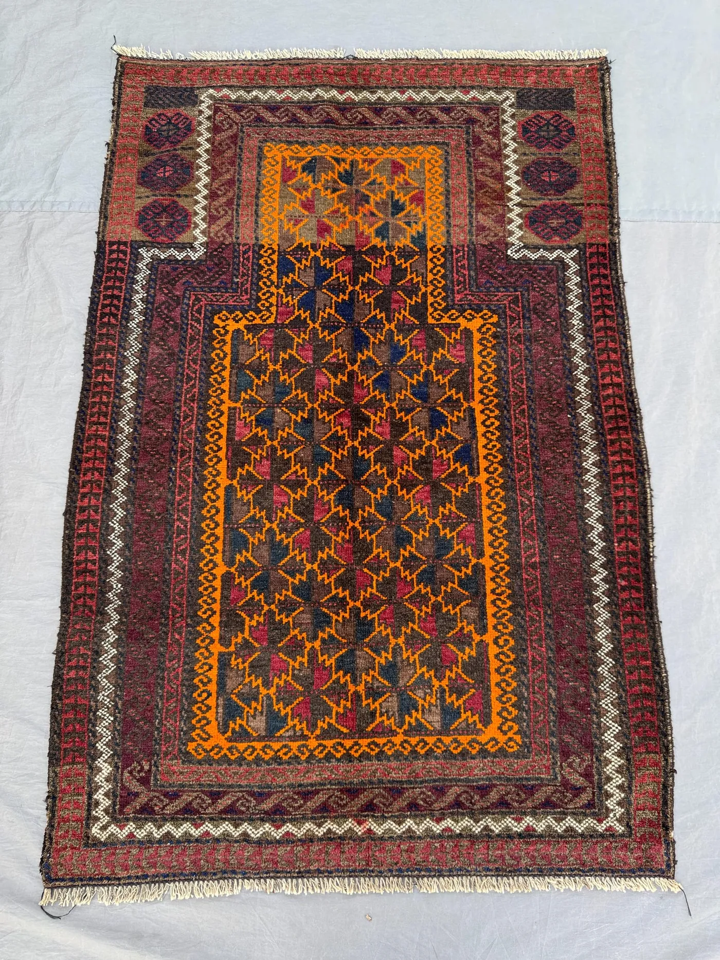 Antique Afghan Baluchi Rug, 2'10x4'4 ft (86x132 cm), Low Pile, Hand-Knotted, Rich Red & Orange, 1900s, One-of-a-Kind Vintage Decor