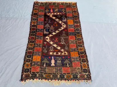 Brown 3'7 x 6'3 ft Afghan Hand Knotted Vintage Rug, Pictorial Tribal Design, Area Rug for Living Room Bedroom 