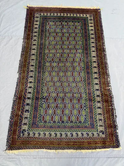 Green Blue 3'10 x 6'5 ft Antique 1920s Afghan Hand Knotted Rug, Geometric Tribal Design, Area Rug for Living R