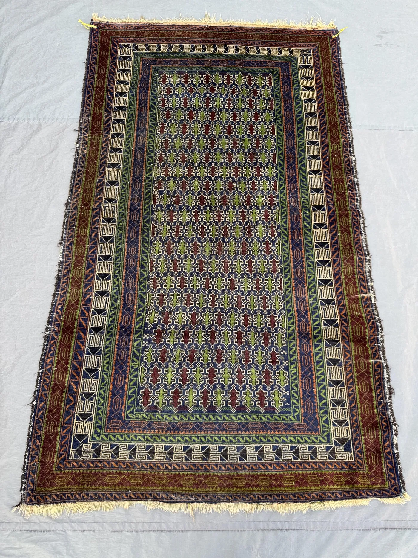 Green Blue 3'10 x 6'5 ft Antique 1920s Afghan Hand Knotted Rug, Geometric Tribal Design, Area Rug for Living Room Bedroom Hallway Entryway