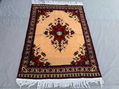 Beige 4'5 x 5'11 ft Vintage Afghan Hand Knotted Rug, Floral Medallion Turkish Inspired Tribal Wool Area Rug fo