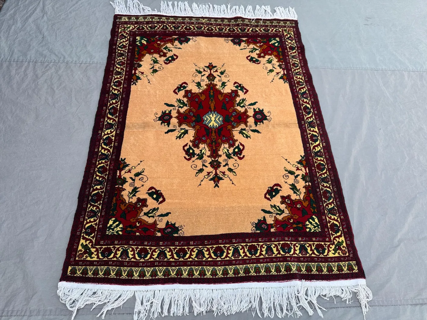 Beige 4'5 x 5'11 ft Vintage Afghan Hand Knotted Rug, Floral Medallion Turkish Inspired Tribal Wool Area Rug for Living Room Bedroom Hallway