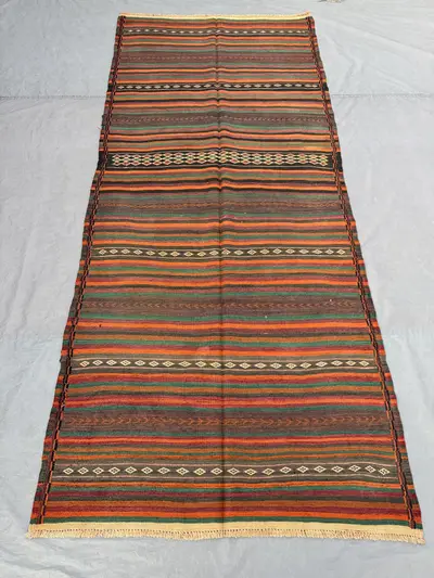 4'2 x 9'8 ft Antique Afghan Baluchi Kilim Area Rug Flat Weave 100% Wool One Of A Kind Nomadic Runner Hallway R