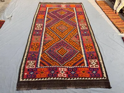 6'9 x 12'2 Ft Antique Afghan Flat Weave Kilim Rug, Turkmen Faded Geometric Wool Rug, Turkish style Kilim, Livi
