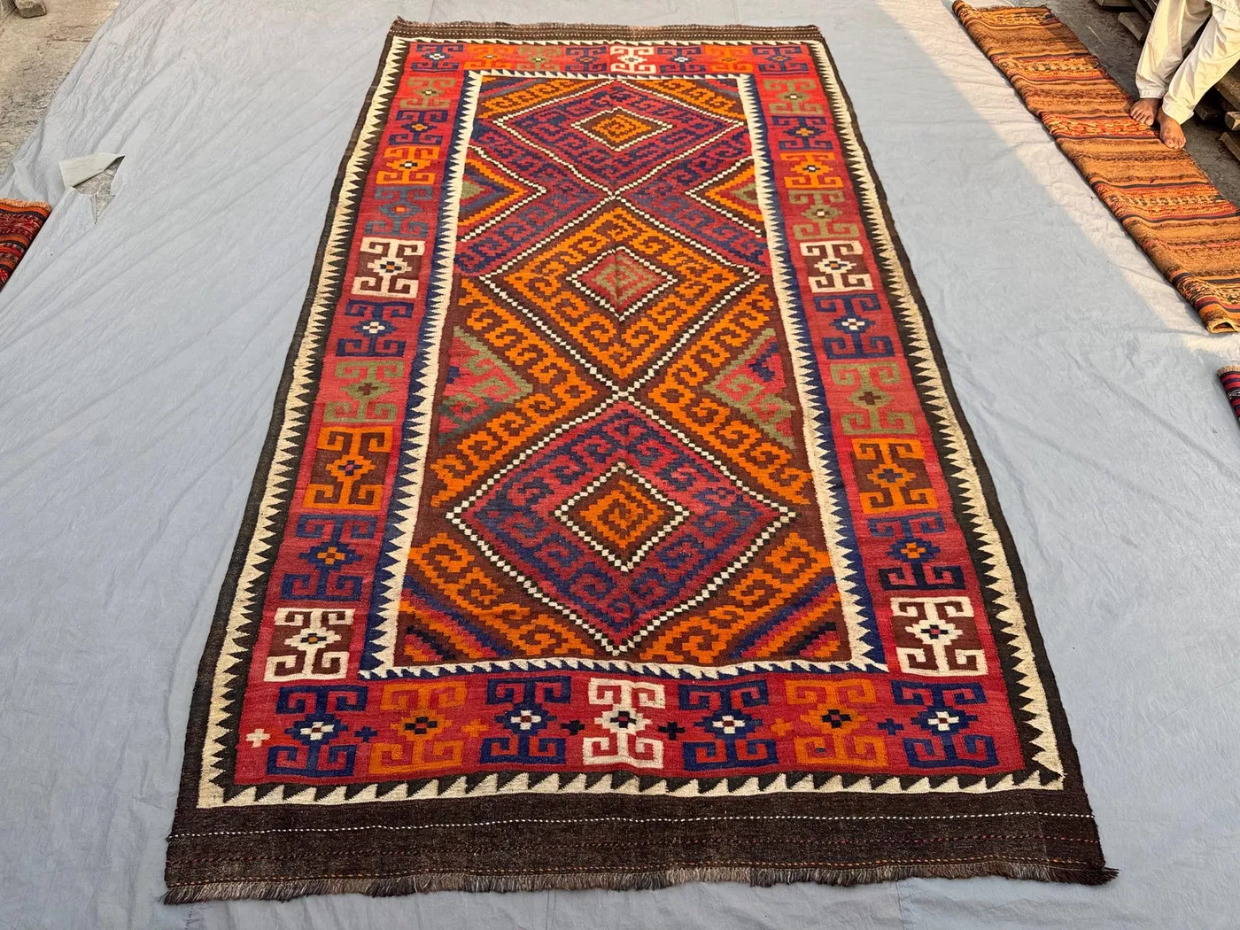 6'9 x 12'2 Ft Antique Afghan Flat Weave Kilim Rug, Turkmen Faded Geometric Wool Rug, Turkish style Kilim, Living Room Rug, Floor Carpet
