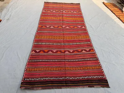 11'4 x 5 ft Antique Afghan Baluchi Handnotted Kilim Runner Rug, Flat Weave 100% Wool, One Of A Kind Tribal Nom