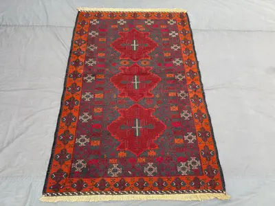 Red 3'11 x 5'11 ft Antique Afghan Baluchi Kilim Area Rug Flat Weave Wool Tribal Nomadic Geometric One Of A Kin