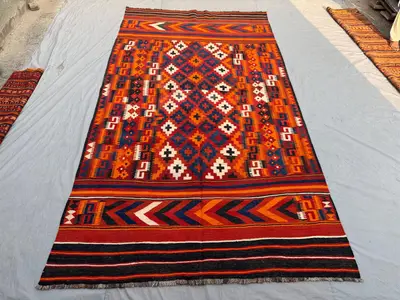6'10x12'5  Antique Afghan Kilim Rug | Tribal Flat Weave Geometric Wool Rug, Vintage Carpet, Oversized Area Rug