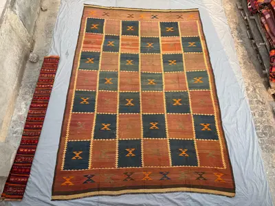 10x14’6 Large Area Rug Antique Afghan Baluchi Kilim Flat Weave Hand Knotted Wool One Of A Kind Geometric Triba