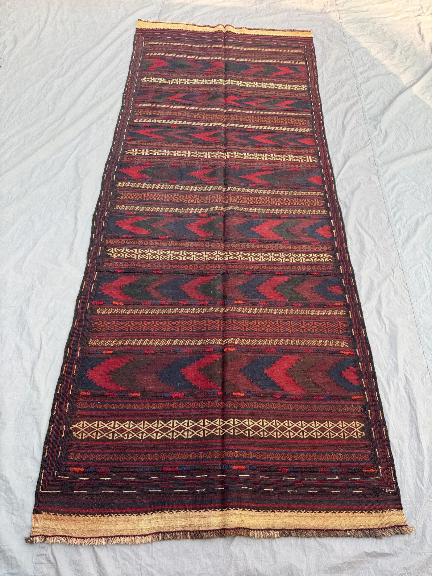 Antique Afghan Kilim Flat Weave No Pile Rug 4'4 x 10'9 ft Hand Knotted Wool Distressed Runner Hallway Entryway Decor