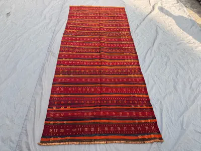 4 x 9'5 ft Antique Afghan Hand Knotted Kilim Flat Weave No Pile Distressed Wool Rug Tribal Vintage Runner Hall