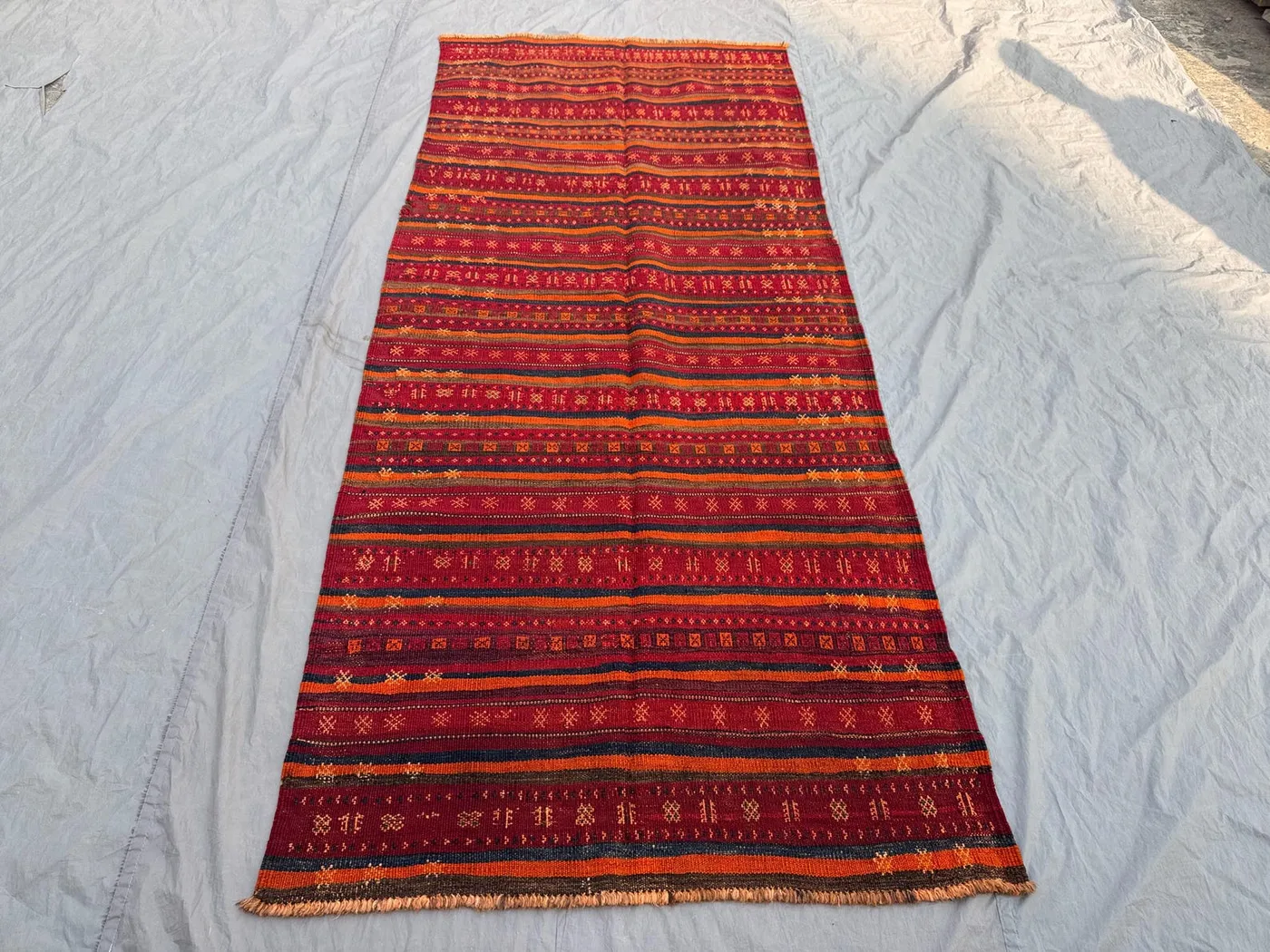 4 x 9'5 ft Antique Afghan Hand Knotted Kilim Flat Weave No Pile Distressed Wool Rug Tribal Vintage Runner Hallway Living Room