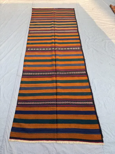 4'4 x 11'9 Ft Antique Afghan Baluchi Kilim Runner No Pile Flat Weave Hand Knotted Wool Distressed Hallway Deco