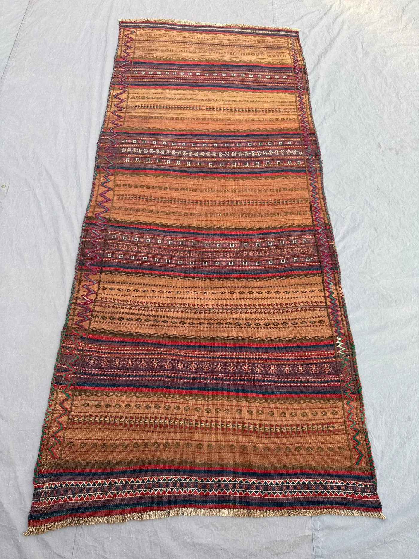 3'5 x 8 ft Antique Afghan Baluchi Kilim No Pile Flat Weave Hand Knotted Rug Vintage Tribal Nomadic One Of A Kind Hallway Entryway Decor