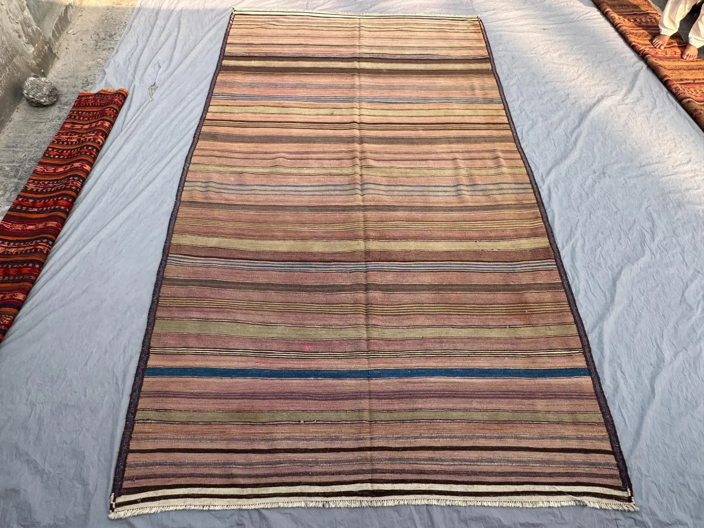 6'11 x 12'2 Ft Large Area Rug Afghan Antique Hand Knotted Kilim No Pile Flat Weave Distressed Nomadic Wool Rug Living Room Decor