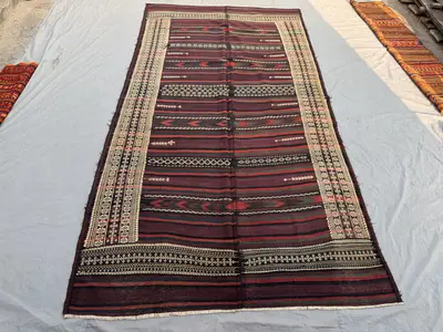 6'8 x 12'8 ft Antique Afghan Baluchi Kilim Area Rug Flat Weave Nomadic Style 100% Wool One Of A Kind Tribal Li