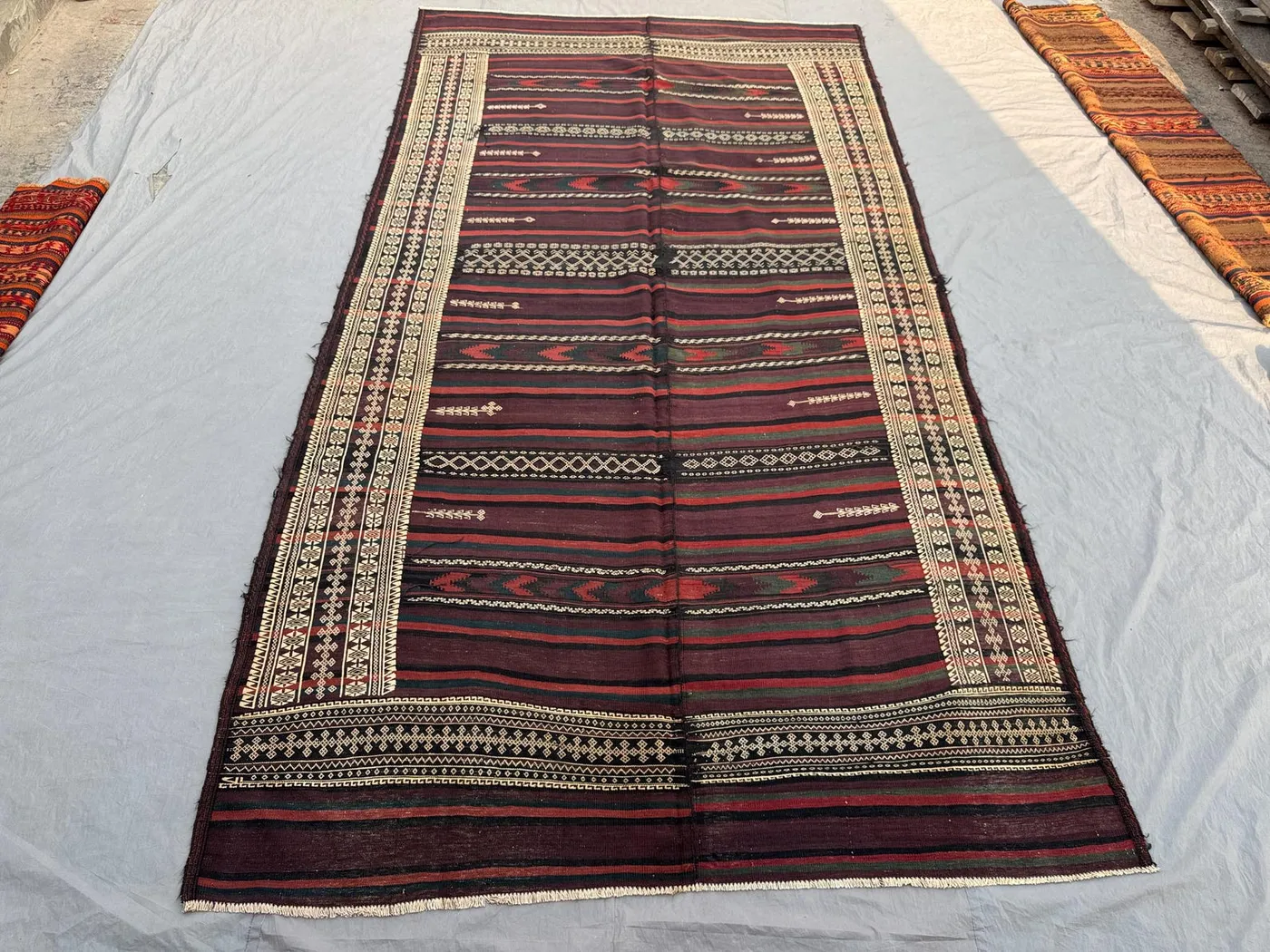 6'8 x 12'8 ft Antique Afghan Baluchi Kilim Area Rug Flat Weave Nomadic Style 100% Wool One Of A Kind Tribal Living Room Dining Rug