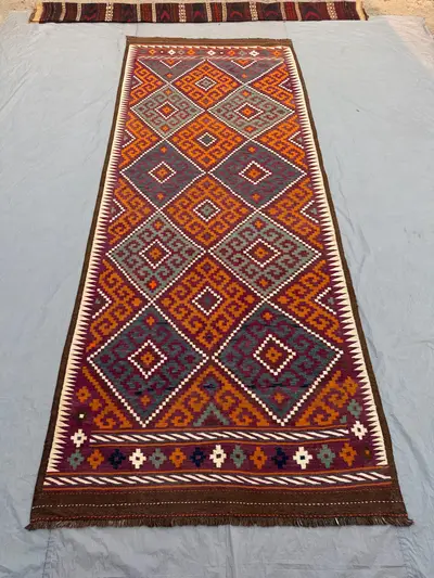 Terracotta 5'3 x 12'8 ft Vintage Afghan Handnotted Kilim Flat Weave Runner, Tribal Geometric Hallway Runner Ru