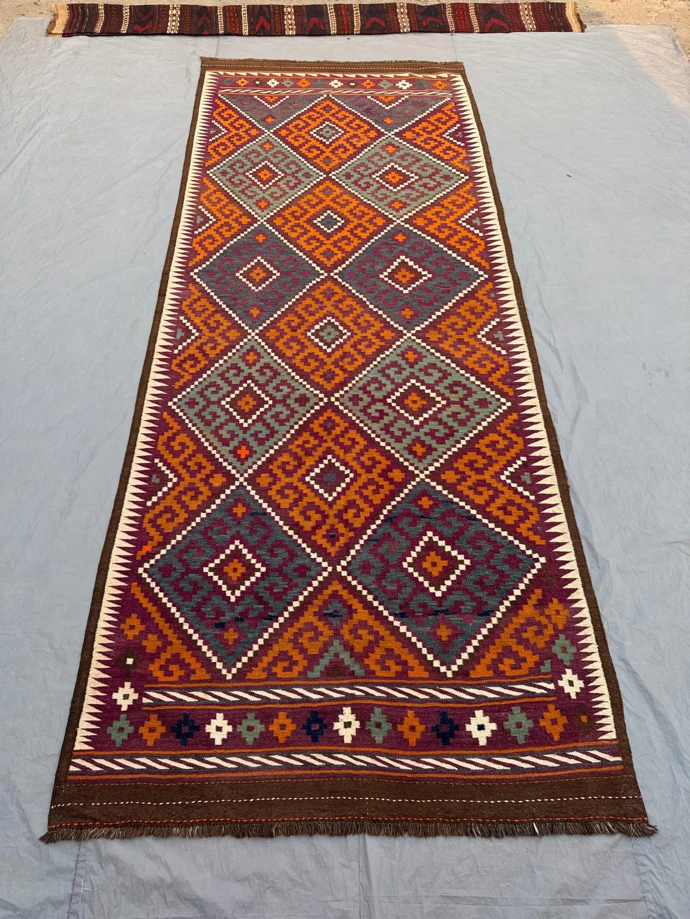 Terracotta 5'3 x 12'8 ft Vintage Afghan Handnotted Kilim Flat Weave Runner, Tribal Geometric Hallway Runner Rug for Entryway Corridor