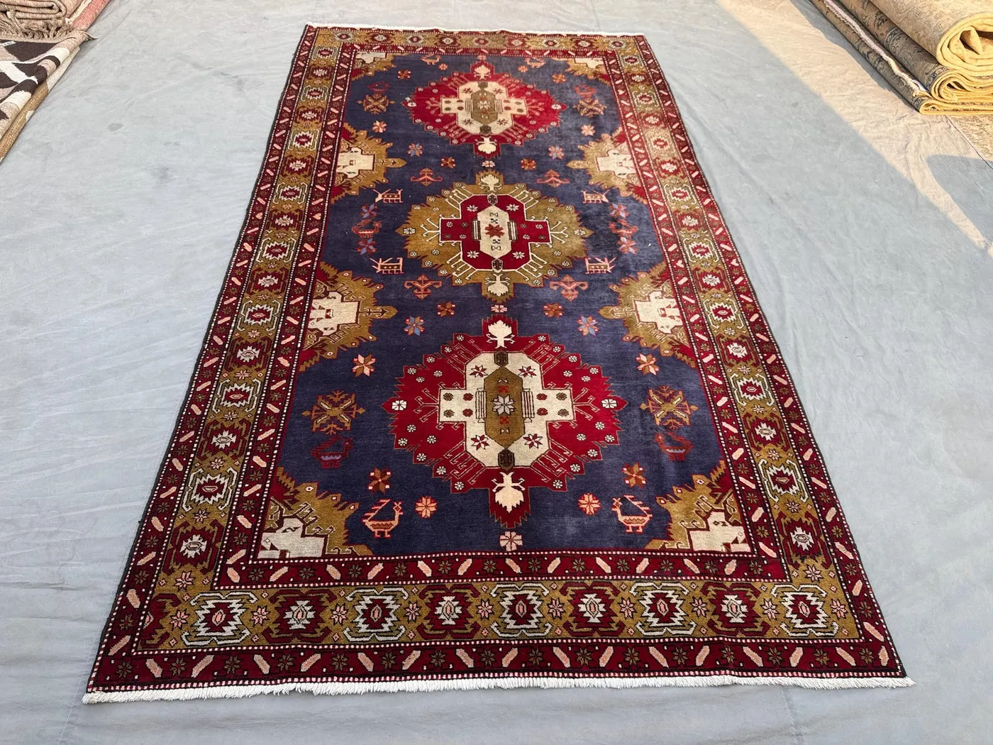 5'8x10 Caucasian Kazak Design Rug | Vintage Afghan Hand Knotted Wool | Navy Red Triple Medallion Carpet