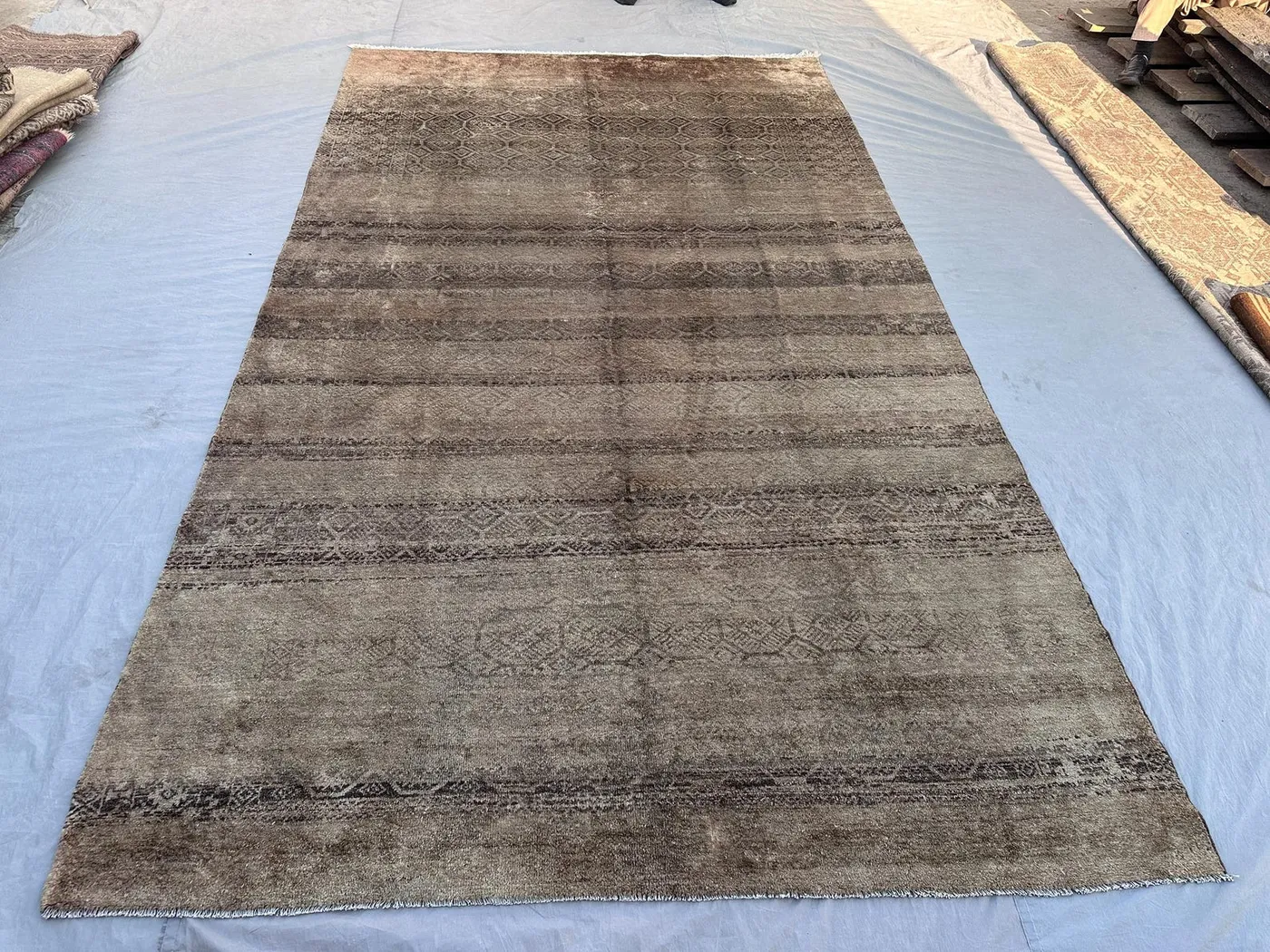 Antique Turkmen Handmade Rug, 6'8 x 11'6 ft,Terracotta Geometric Pattern,Tribal Wool Carpet, Hand-Knotted,Vintage Area Rug,Luxury Home Decor
