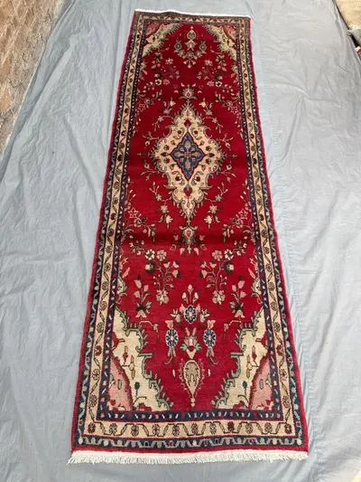 Red 2'10 x 8'10 Ft Vintage Turkish Hand Knotted Runner Rug Floral Medallion Wool Hallway Corridor Runner Entry