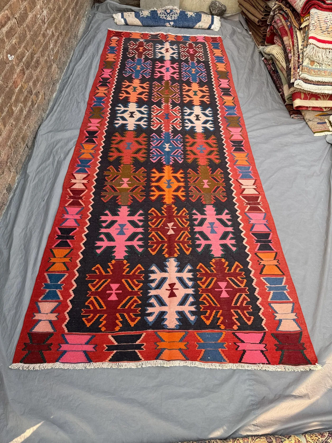 5 x 12 Ft Turkish Hand-Woven Vintage Flat Weave Kilim One of a Kind Luxury Boho Decor, Anatolian Design, Home Room Decor, Pink, Orange