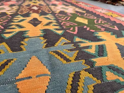 4.8 x 12.9 Ft Turkish Hand-Woven Vintage Flat Weave Kilim Anatolian Design One of a Kind Large Area Rug Luxury