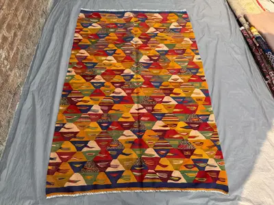 4'2x6'2 Ft Turkish Vintage Kilim Rug, Flat Waven Colorful Wool Handmade , Geometric Pattern, Perfect for Home 