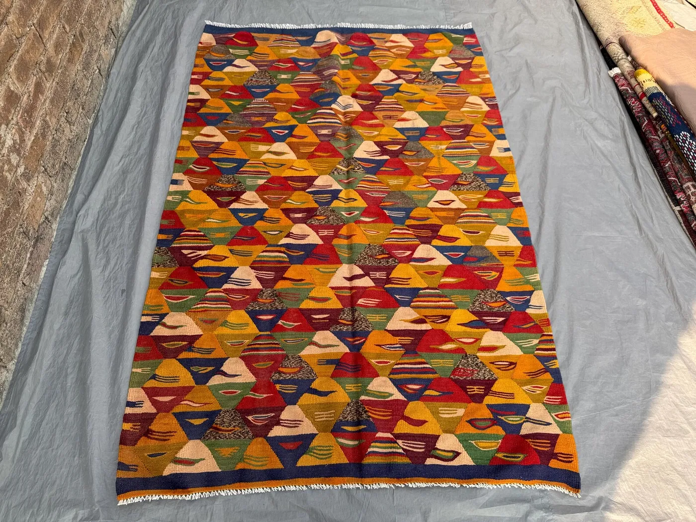 4'2x6'2 Ft Turkish Vintage Kilim Rug, Flat Waven Colorful Wool Handmade , Geometric Pattern, Perfect for Home Decor, Living Room, or Bedroom