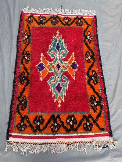 Vintage Red Orange Afghan Moroccan Full Pile Rug | 2x10 ft Handmade Wool Shaggy Boho Carpet | Bedroom Living R
