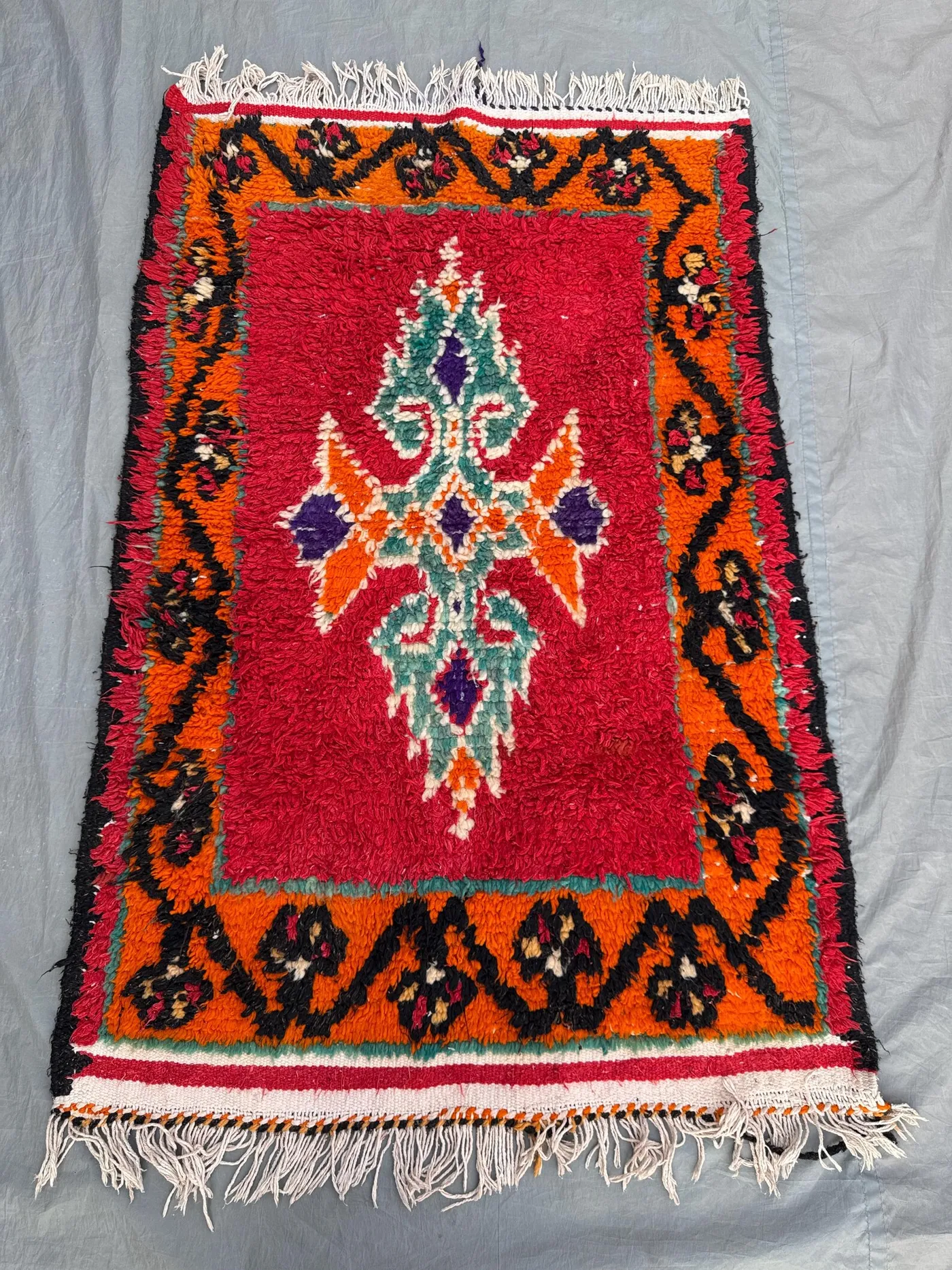 Vintage Red Orange Afghan Moroccan Full Pile Rug | 2x10 ft Handmade Wool Shaggy Boho Carpet | Bedroom Living Room Rug \ kitchen rug